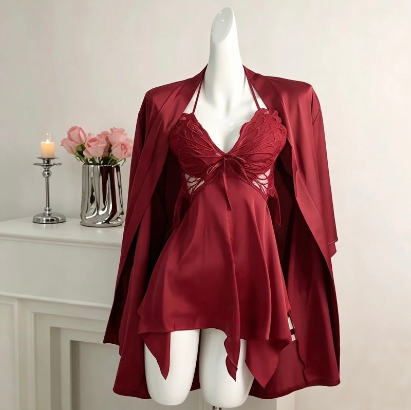Sleeping robe, sexy lingerie, silk pajamas, breast pads, strap decorations, nightgown, robe, casual wear cover.
