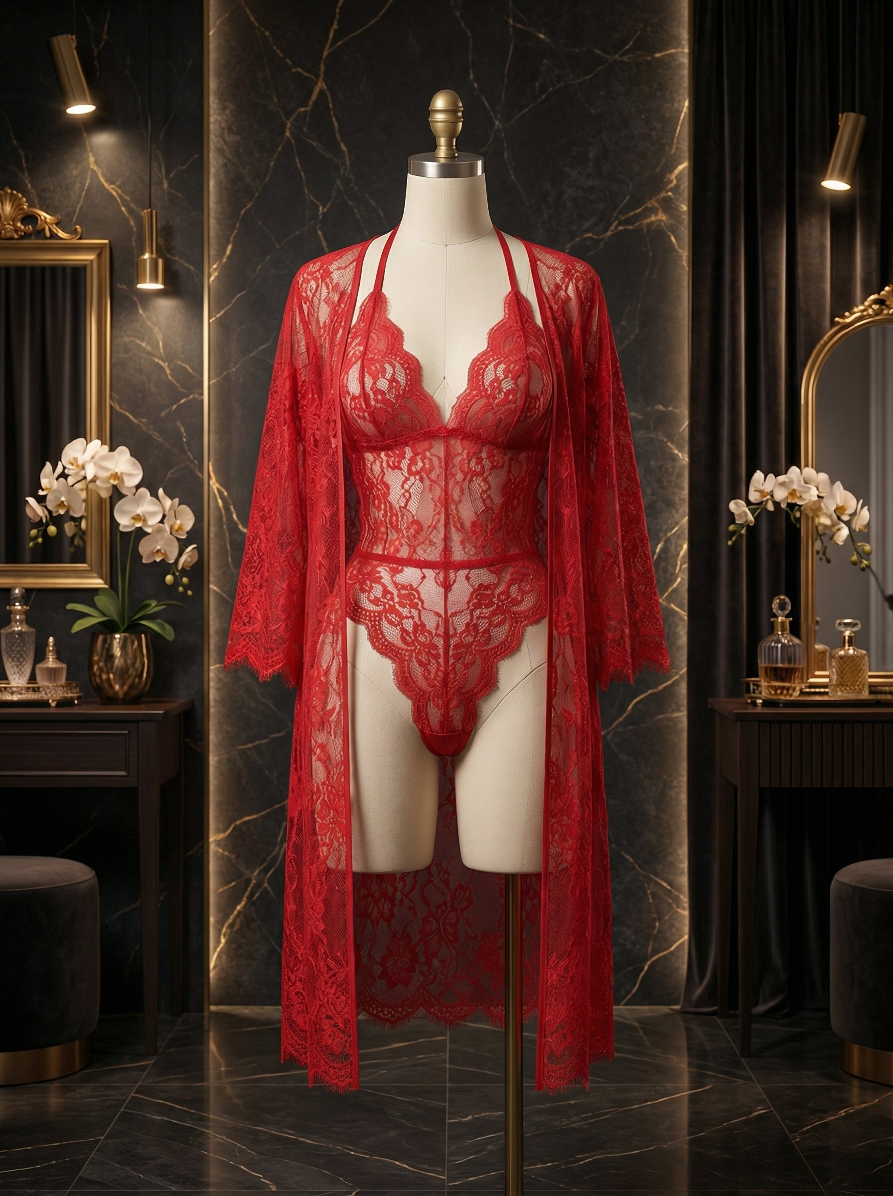 Women's Sexy Style Temptation Lingerie Set 2-piece Lace Kimono Robe Lace Charm onesie