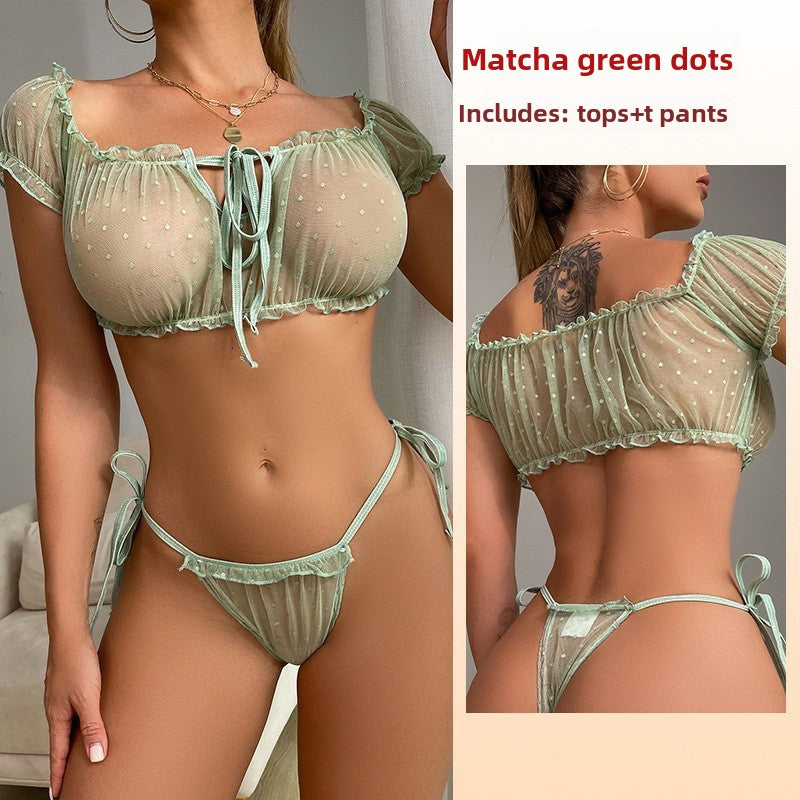 Summer dating sexy lingerie perspective chest wrapping porn panties set one-word shoulder seduction straps pajamas women's polka dot mesh