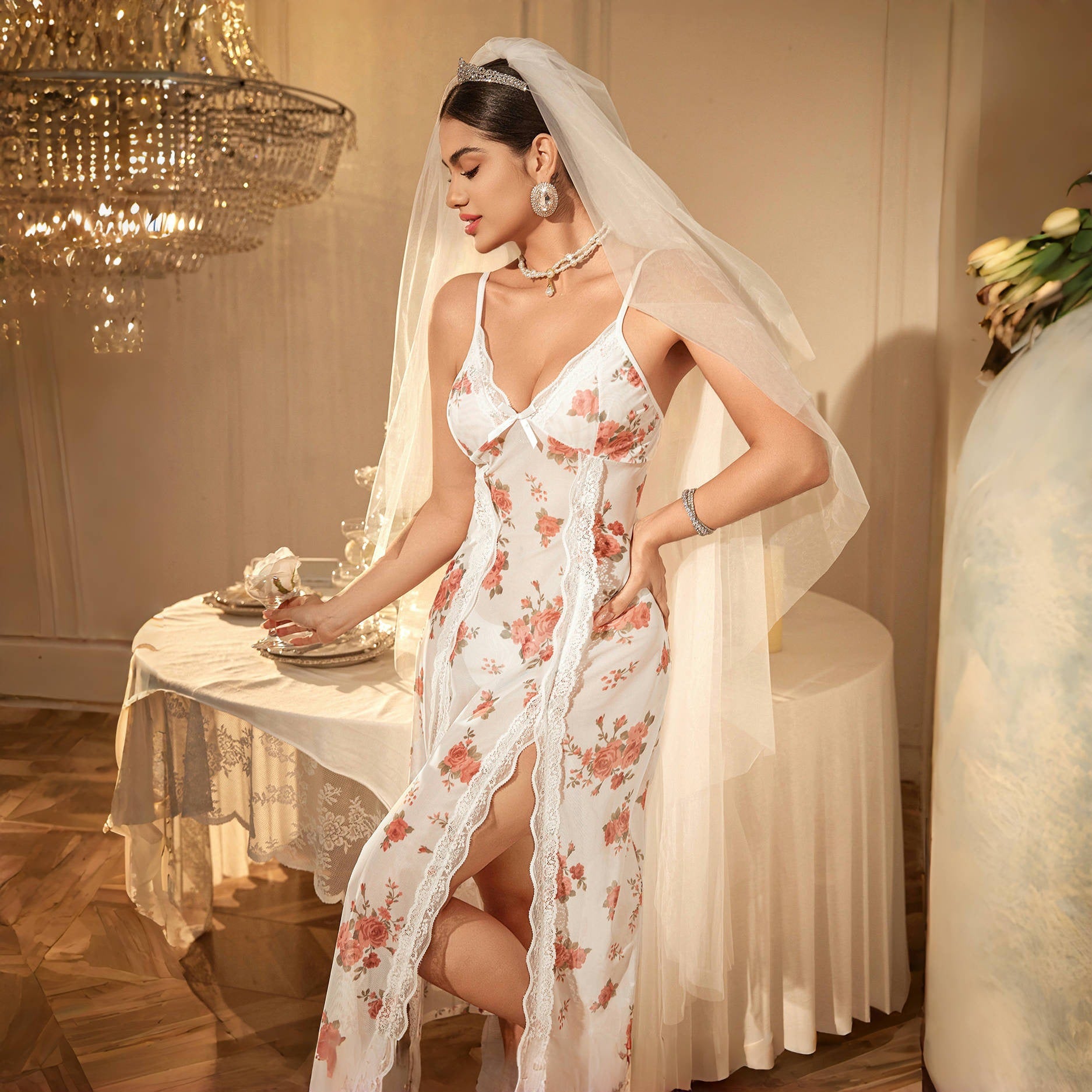 Sexy dating suspender perspective mesh slit nightdress large size sex pajamas underwear casual loungewear women