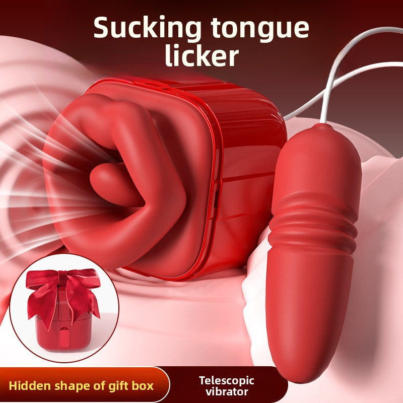 Sucking tongue lube device, retractable and bouncing egg foreplay, teasing female adult self-pleasure, inserting into body toy, stimulation of breast-feeding, couple's sexual excitement, climaxing, sex product.