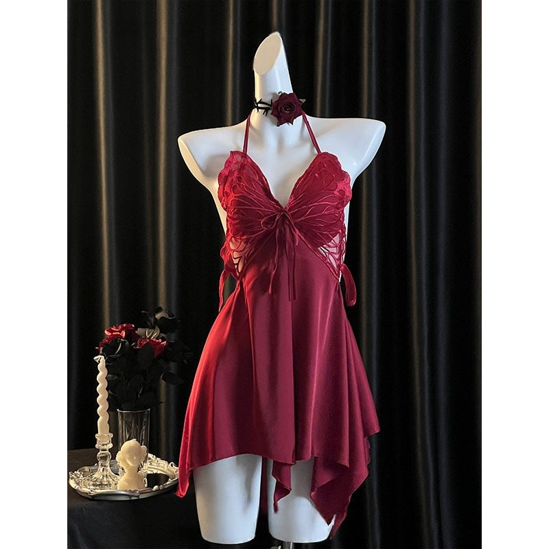 Sleeping robe, sexy lingerie, silk pajamas, breast pads, strap decorations, nightgown, robe, casual wear cover.