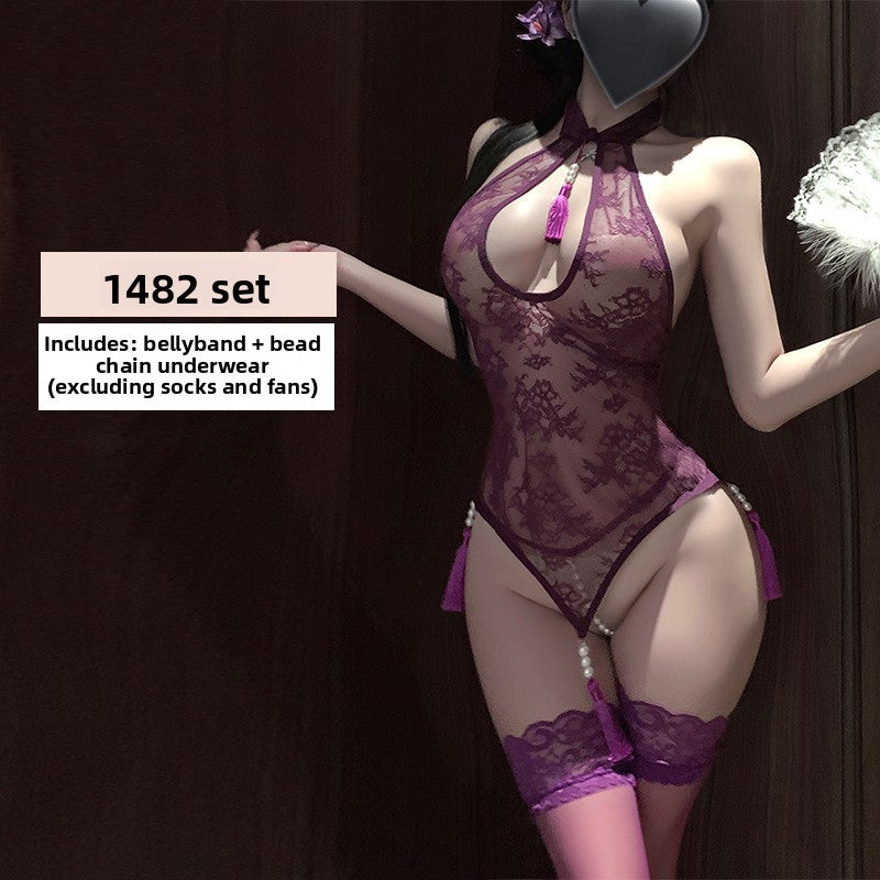 Cosplay couple emotional heating lingerie sexy lace cheongsam style belly pocket women's bead chain perspective uniform seduction pure desire pajamas
