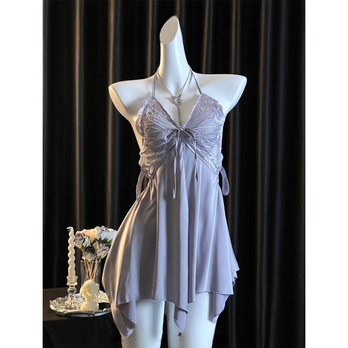 Sleeping robe, sexy lingerie, silk pajamas, breast pads, strap decorations, nightgown, robe, casual wear cover.