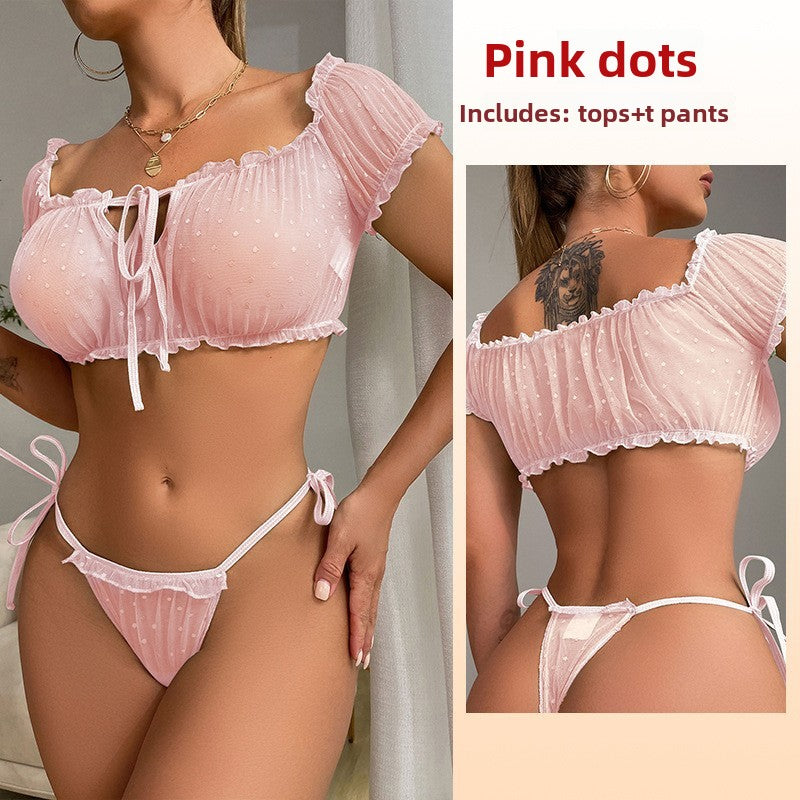 Summer dating sexy lingerie perspective chest wrapping porn panties set one-word shoulder seduction straps pajamas women's polka dot mesh